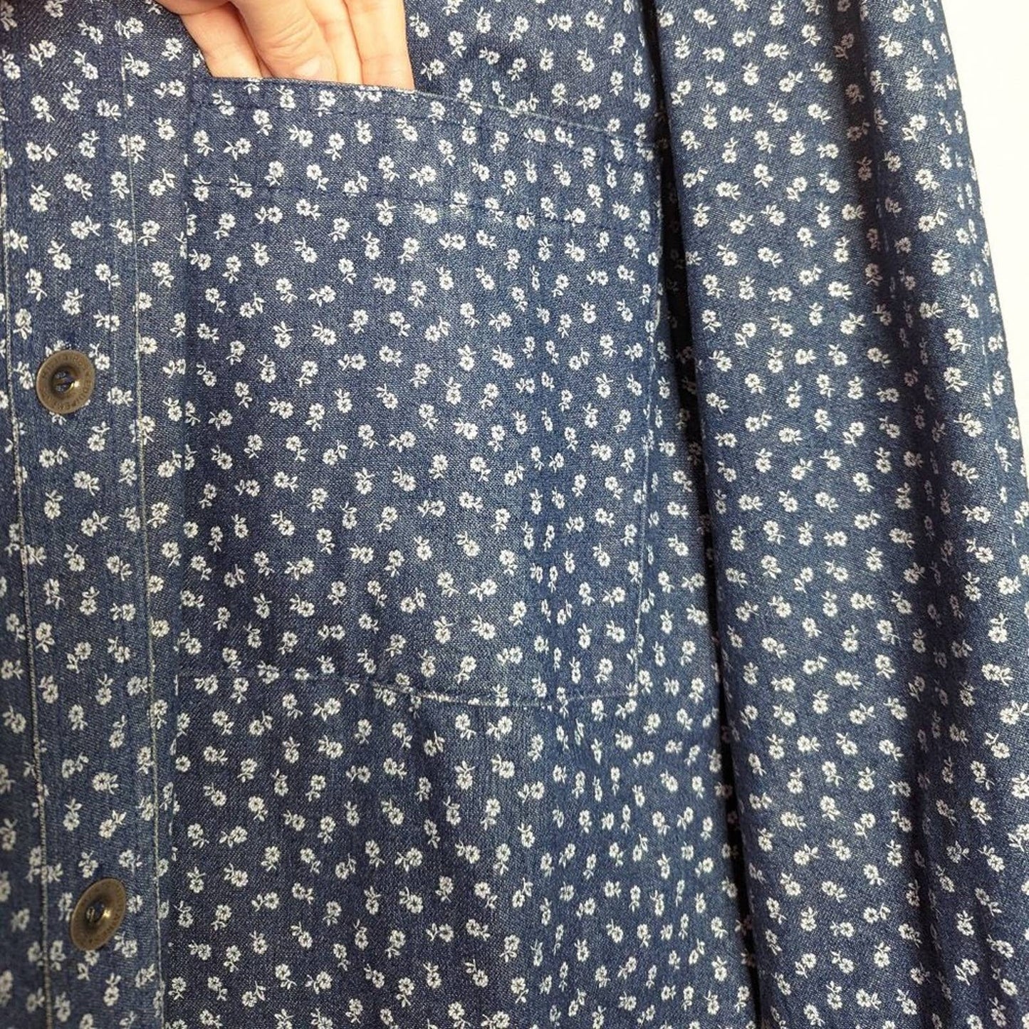 Gene Ewing Bis Vintage Blue Denim Jacket Floral Print Button Down Collared 80's