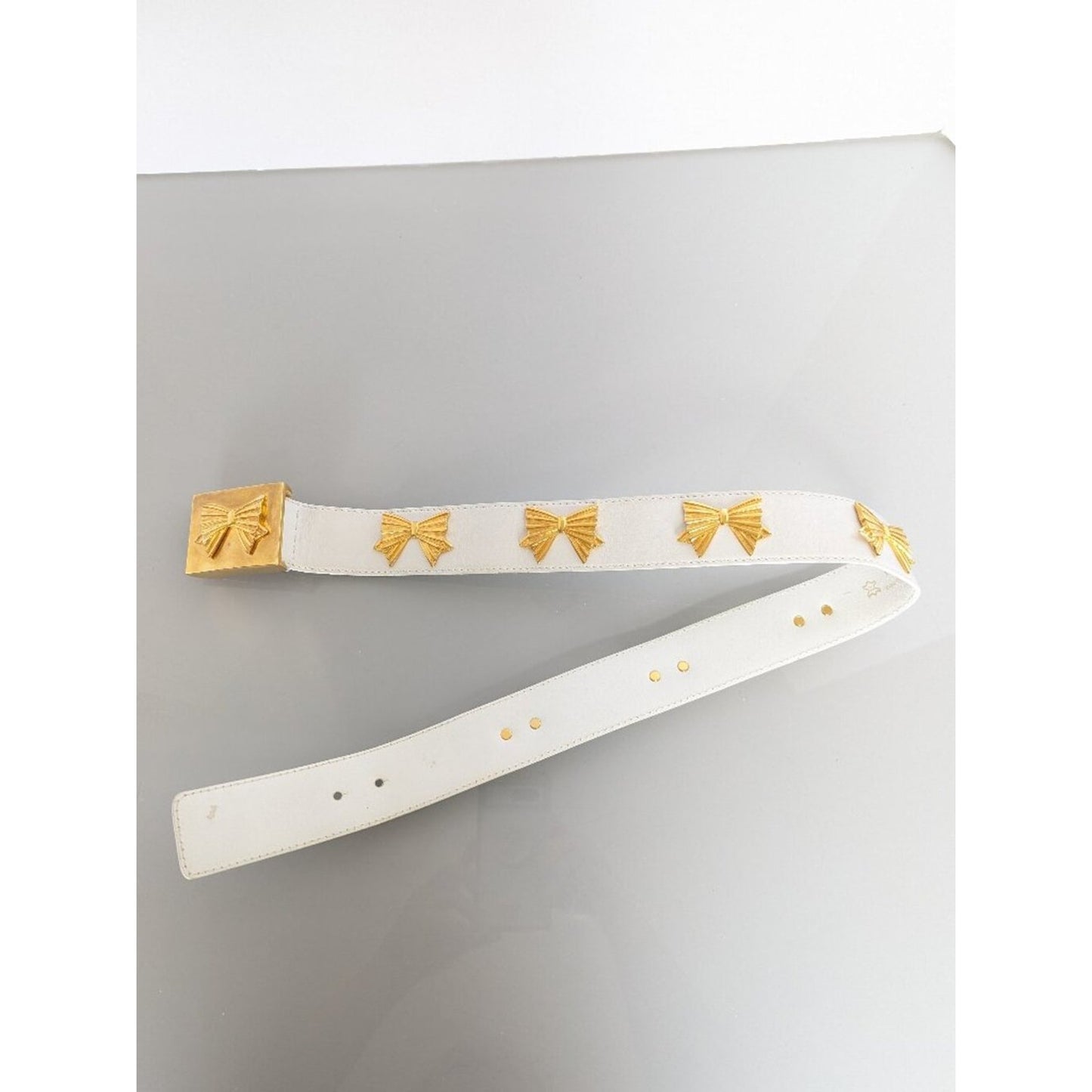 Escada Vintage White Leather Belt Gold Tone Bow Studs Bow Belt Buckle