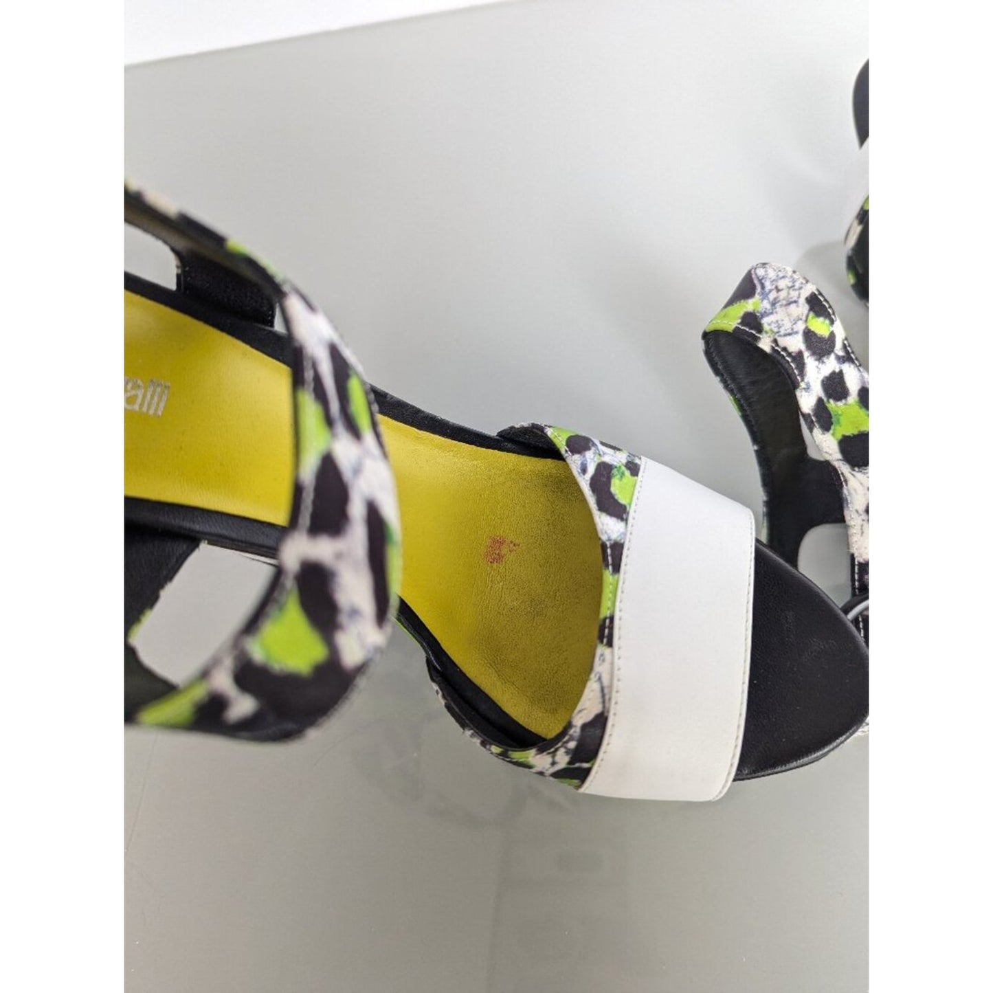 Just Cavalli Y2K Neon Black White Animal Print Open Toe Wedge Heels Size 38