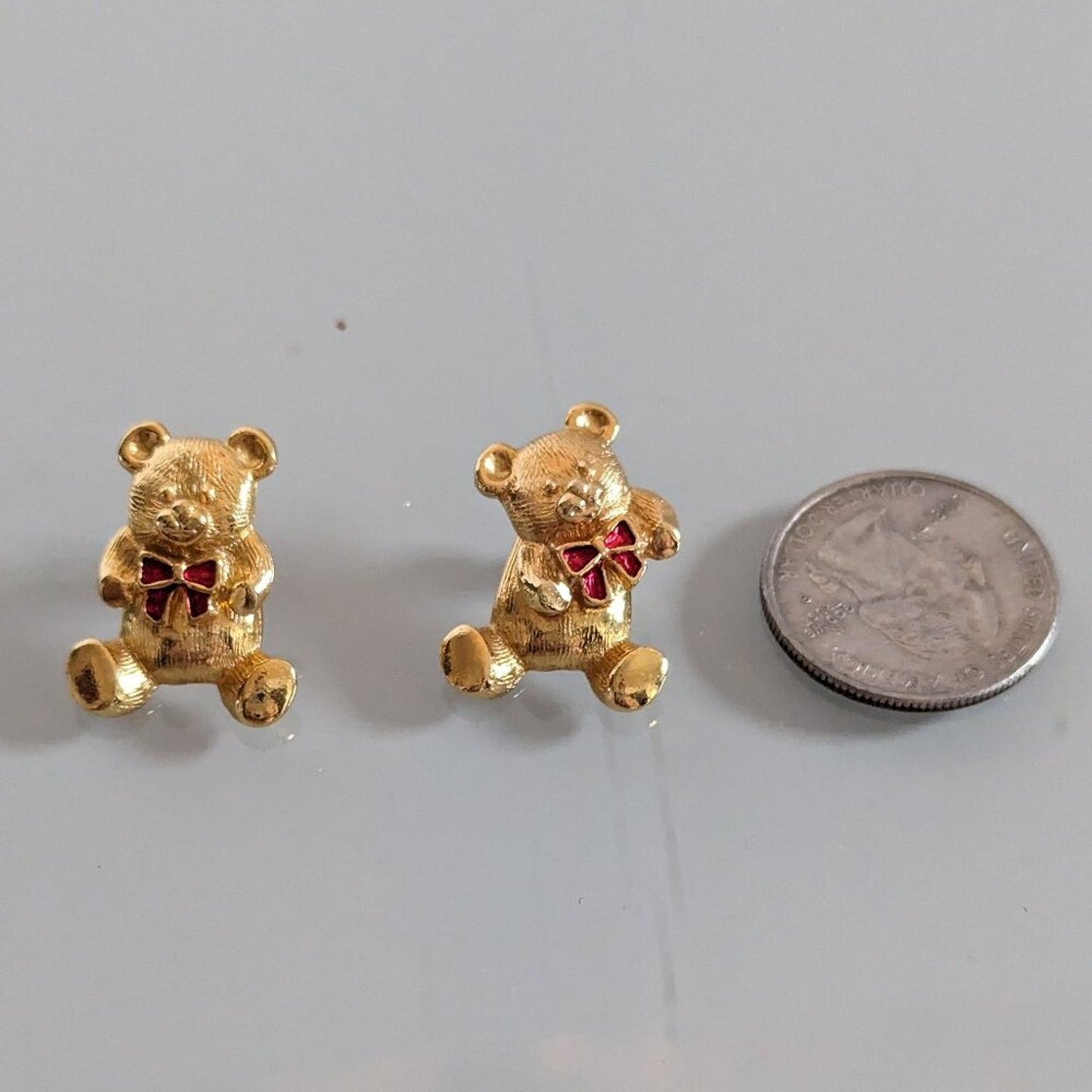 Vintage Avon Gold Tone Teddy Bear Ear Jacket Earrings Post Back Red Bow