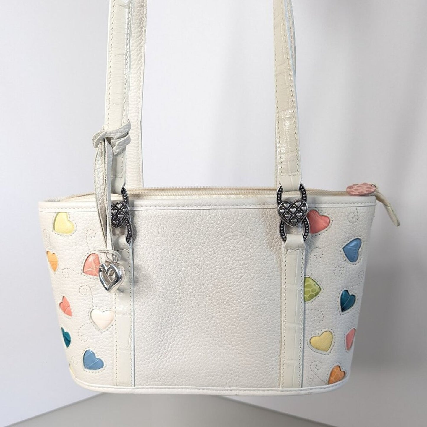 Brighton Ivory Fresca Colorful Hearts Shoulder Bag Pebbled Leather Pastel Hearts