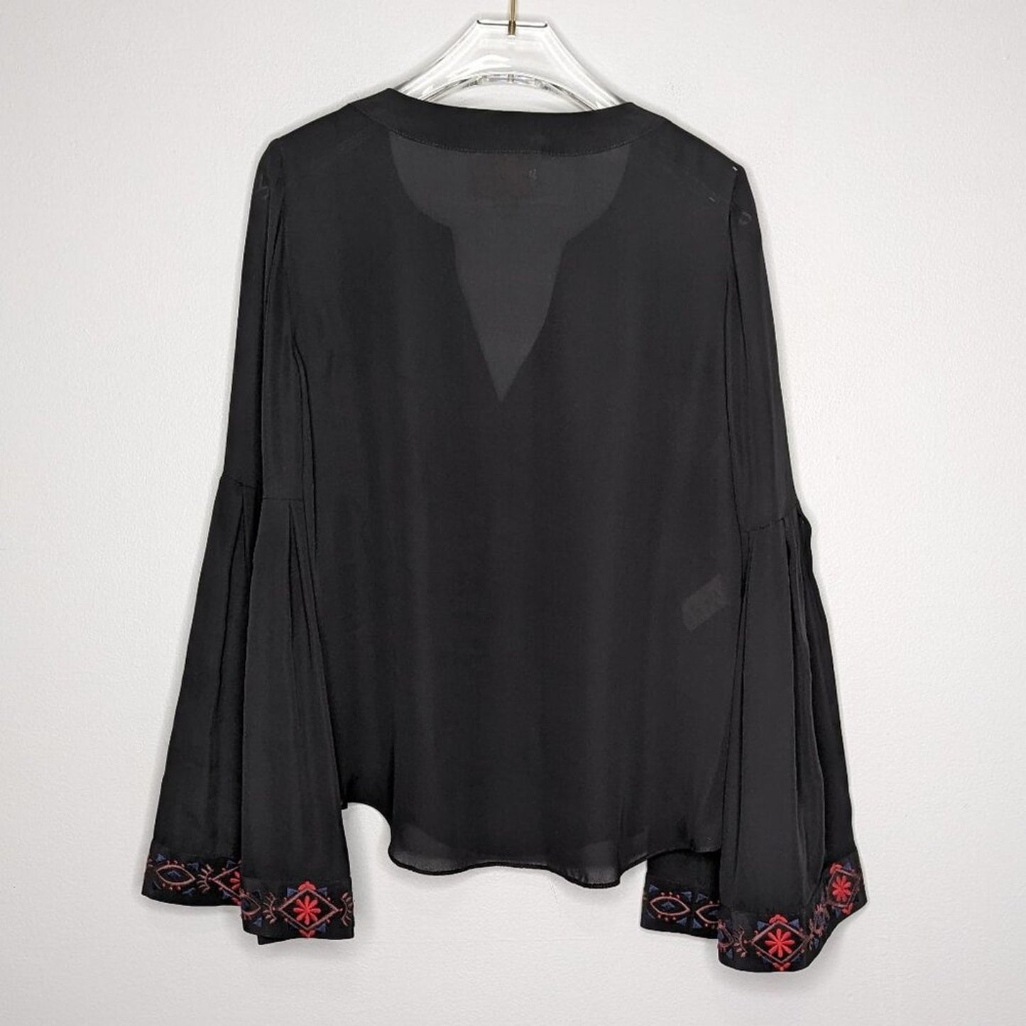 Cinq A Sept Black Silk Long Bell Sleeve V-Neck Boho Blouse Embroidered Size S