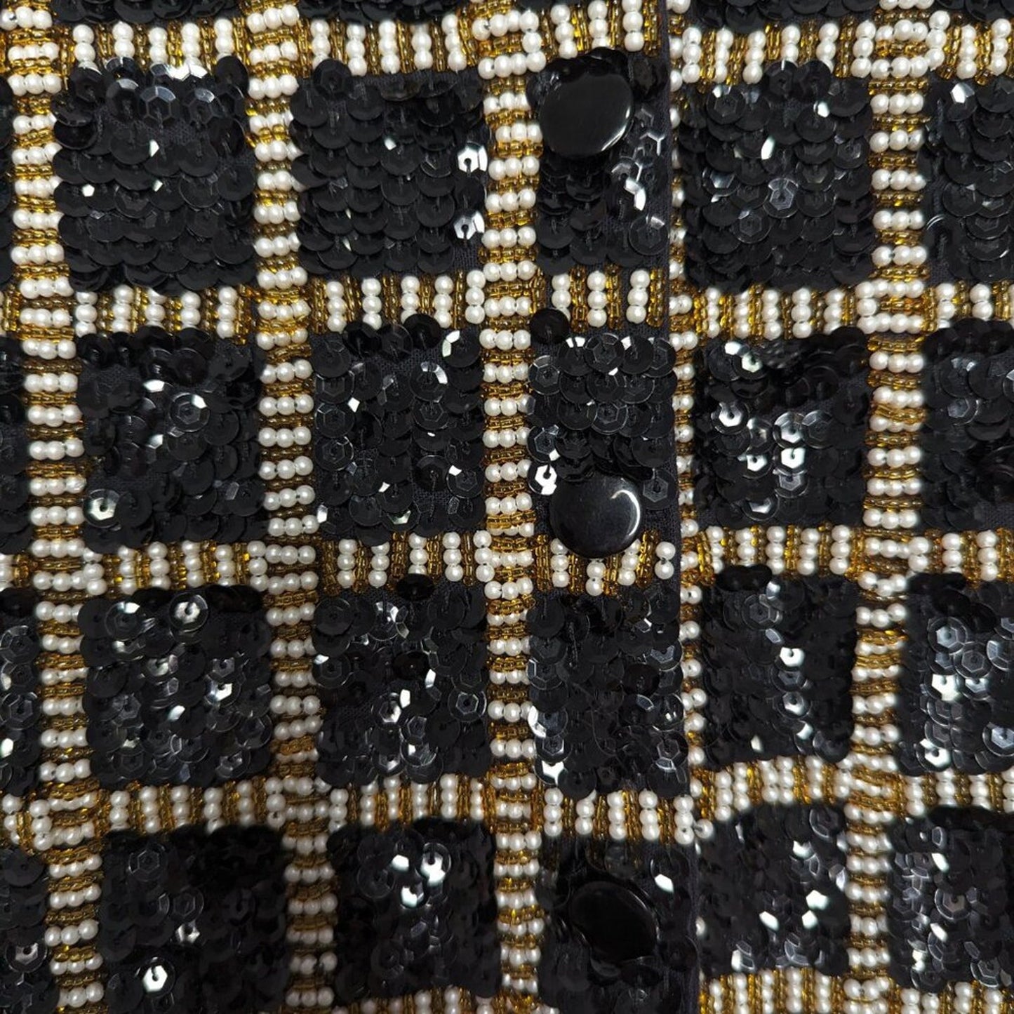 Effeci Vintage Black Gold Sequin Vest Square Pattern Pearls Beaded V-Neck Size L