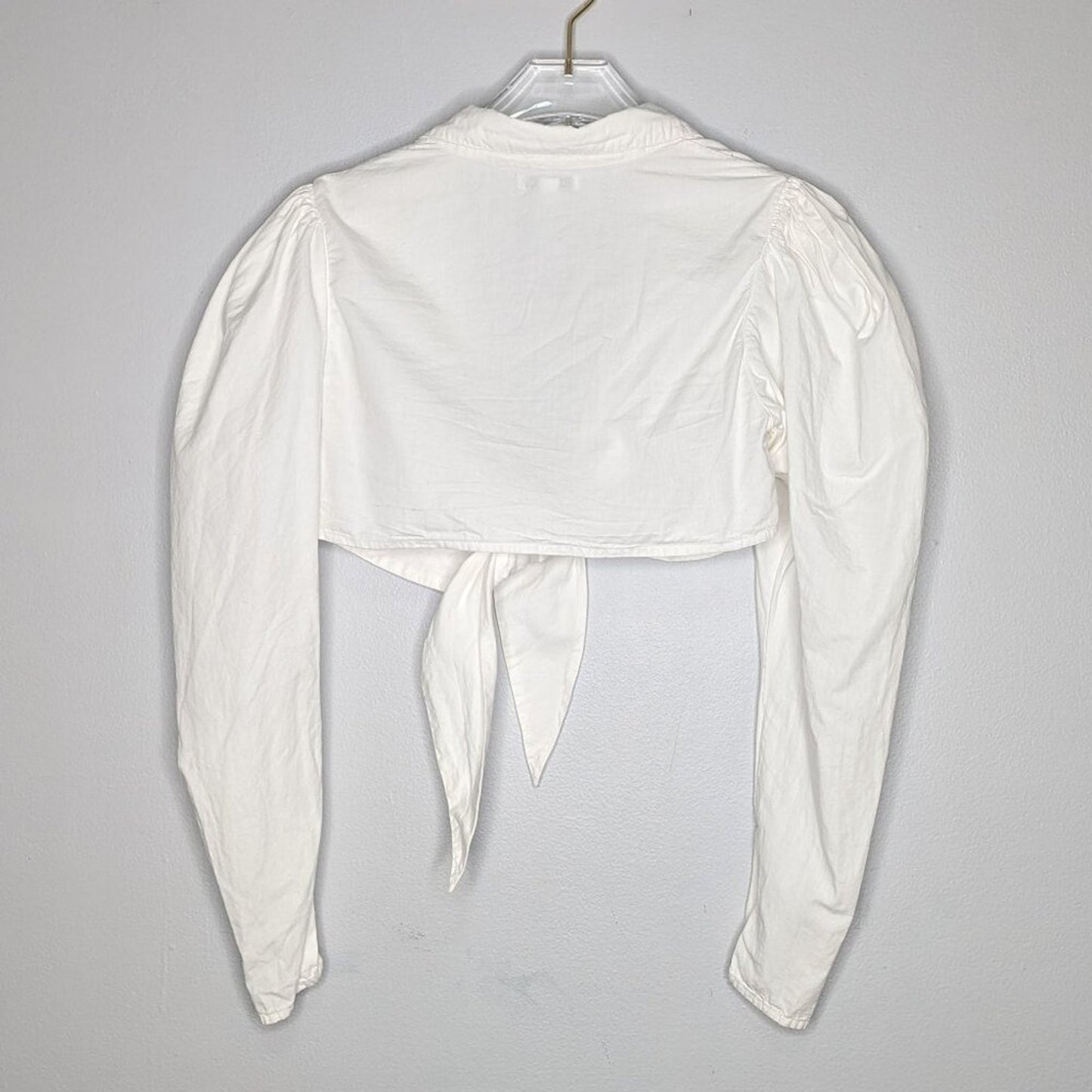 We Wore What White Long Sleeve Bisou Top Tie Front Cropped Collared Zip Cuff M