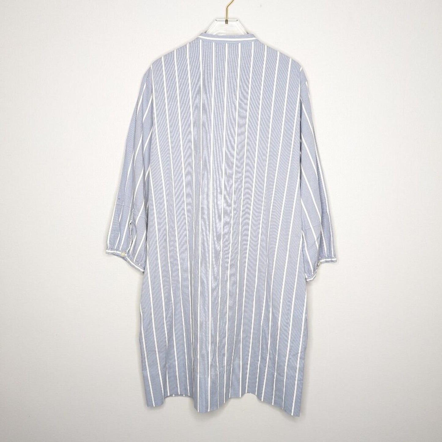 Everlane Blue White The Cotton Weave Collarless Shirtdress Striped Pockets 14