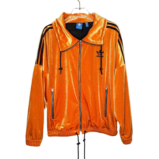 Adidas Orange Velvet Track Jacket Zip Up Oversized Pockets 3 Stripes Size S