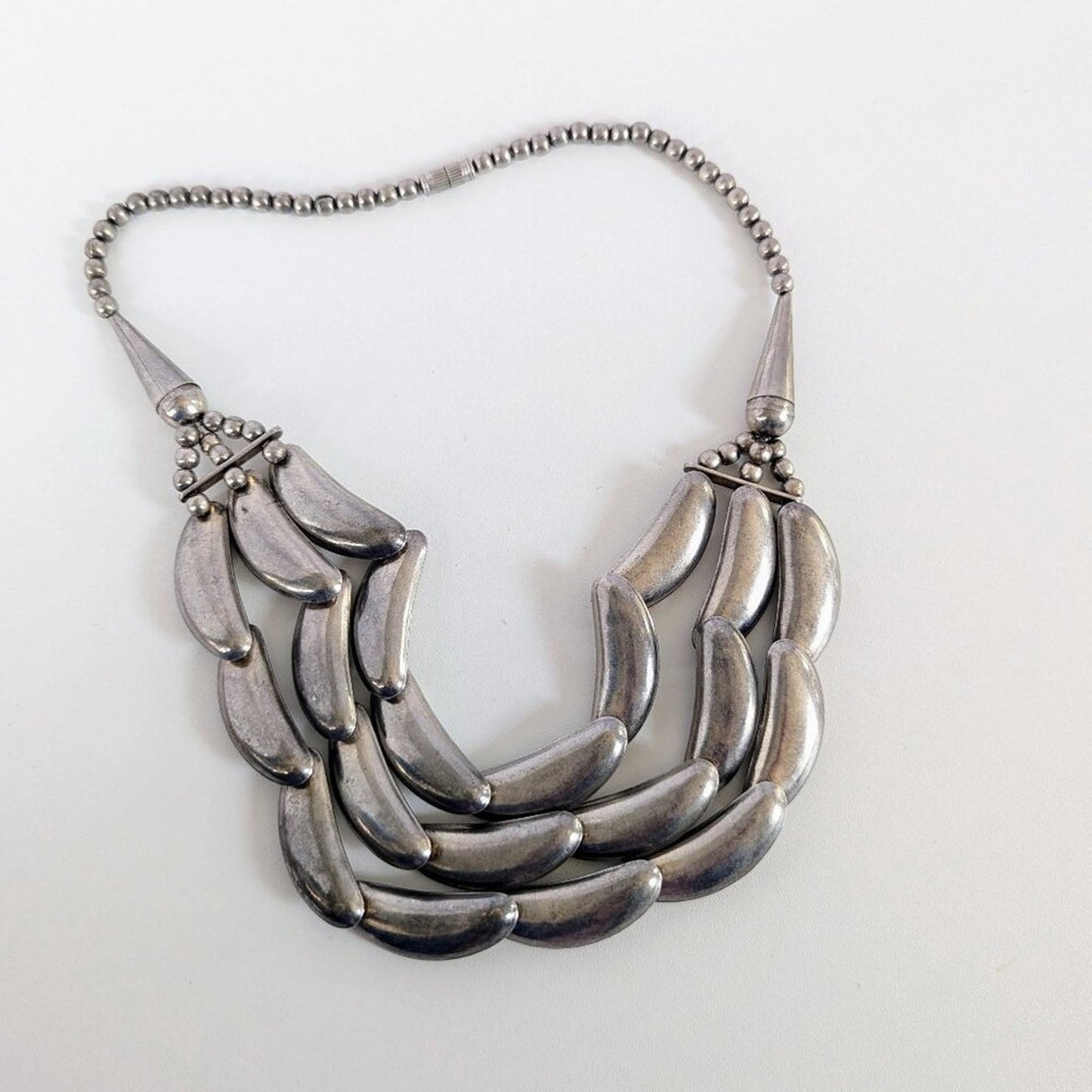 Vintage Statement Bib Necklace Triple Strand Silver-Tone Crescent Link