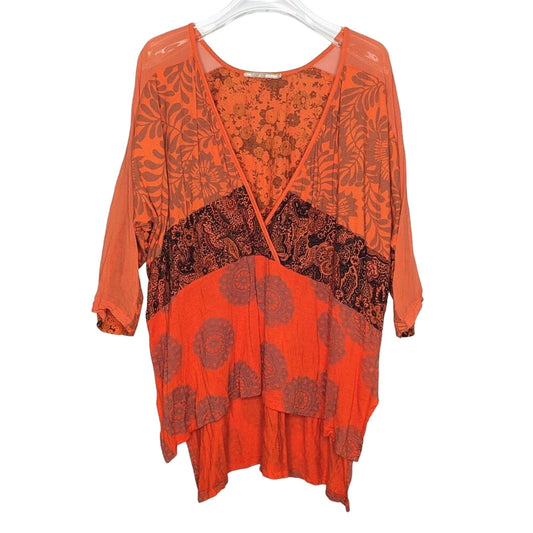 Language Orange Deep V-Neck Paisley Print Boho Blouse Semi Sheer Sleeve Size L