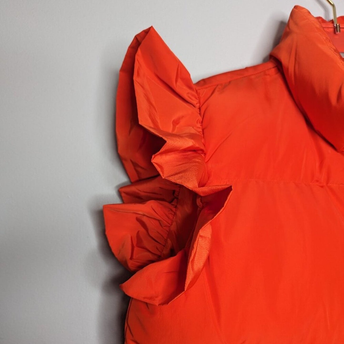 Bucket List Bright Orange Puffer Vest Ruffle Sleeve Pockets Snap Up High Collar