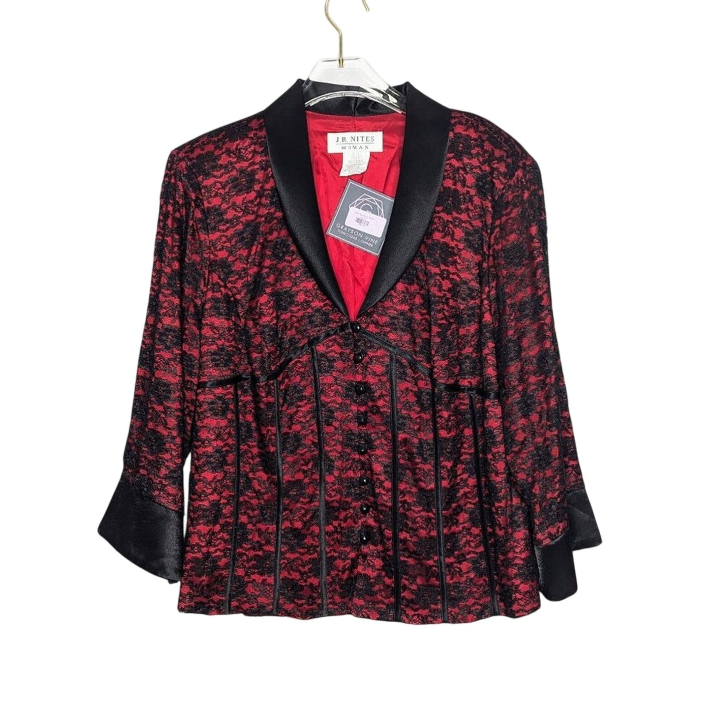 Vintage 90's JR Nites Red Black Lace Blazer Satin Trim Long Sleeve Goth Glam
