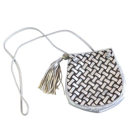 Sharif Vintage 80's Silver Woven Crossbody Bag Leather Metallic Tassel Teardrop