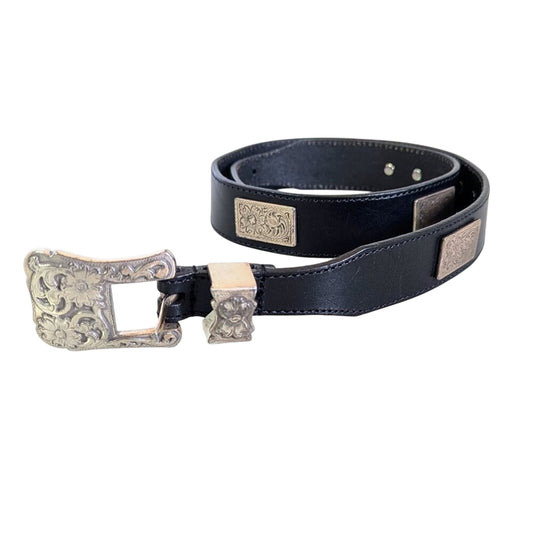 Olga Santini Vintage Black Leather Belt Silver Floral Embossed Square Studs