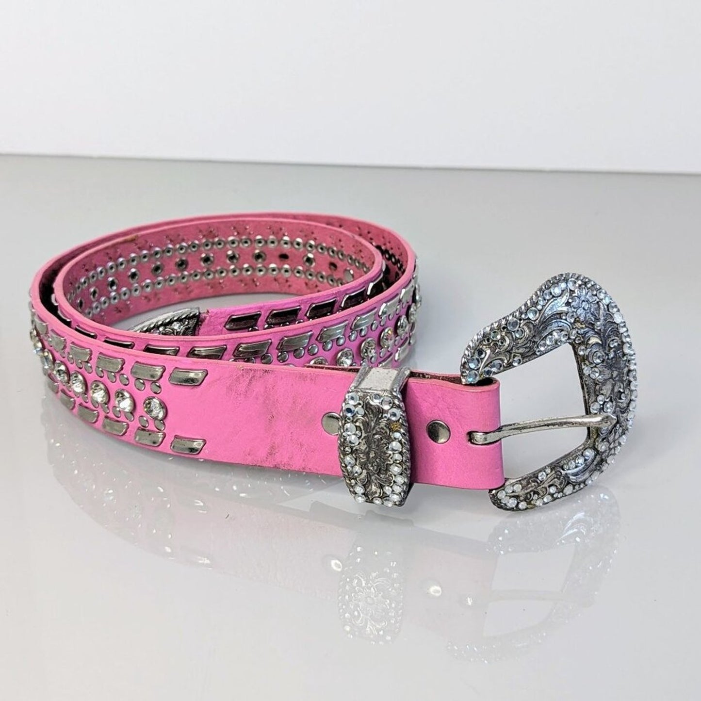 Nocona Belt Co Pink Leather Adjustable Belt Silver Studs Rhinestone Studded L