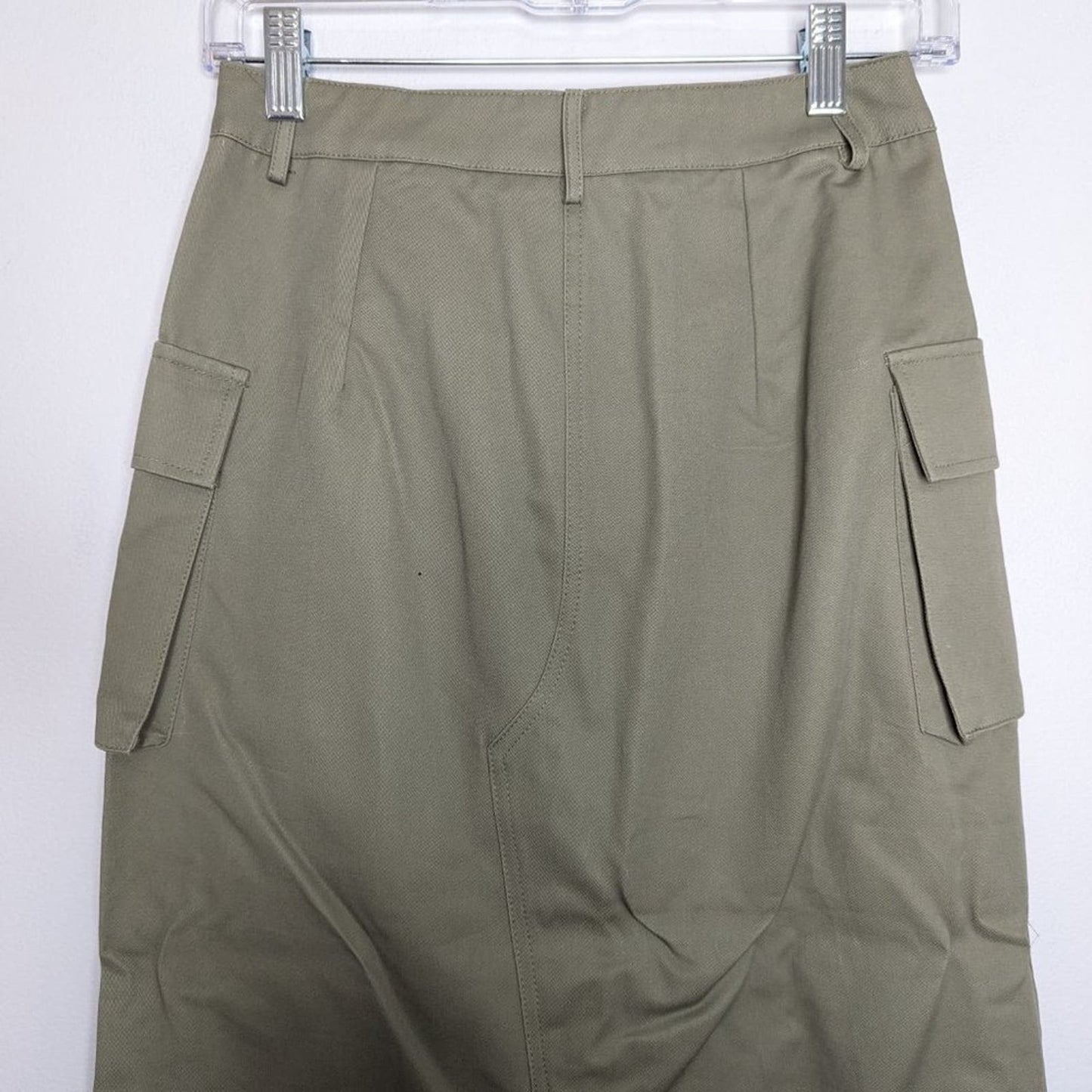 Beige Botany Army Green Cotton Cargo Midi Skirt Back Slit Pockets Size S