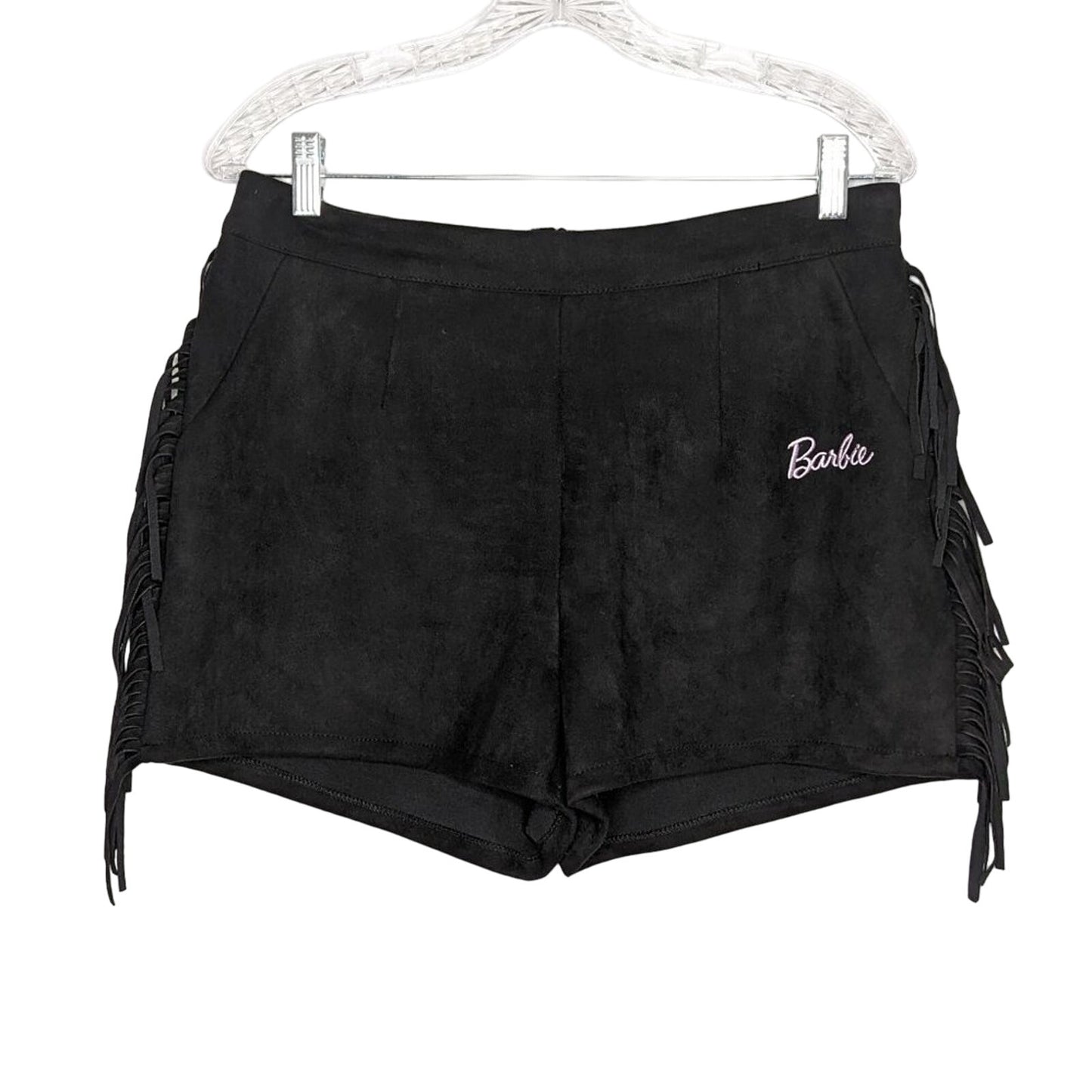 Barbie x Missguided Black Fringe Faux Suede Shorts Western Embroidered Size 10