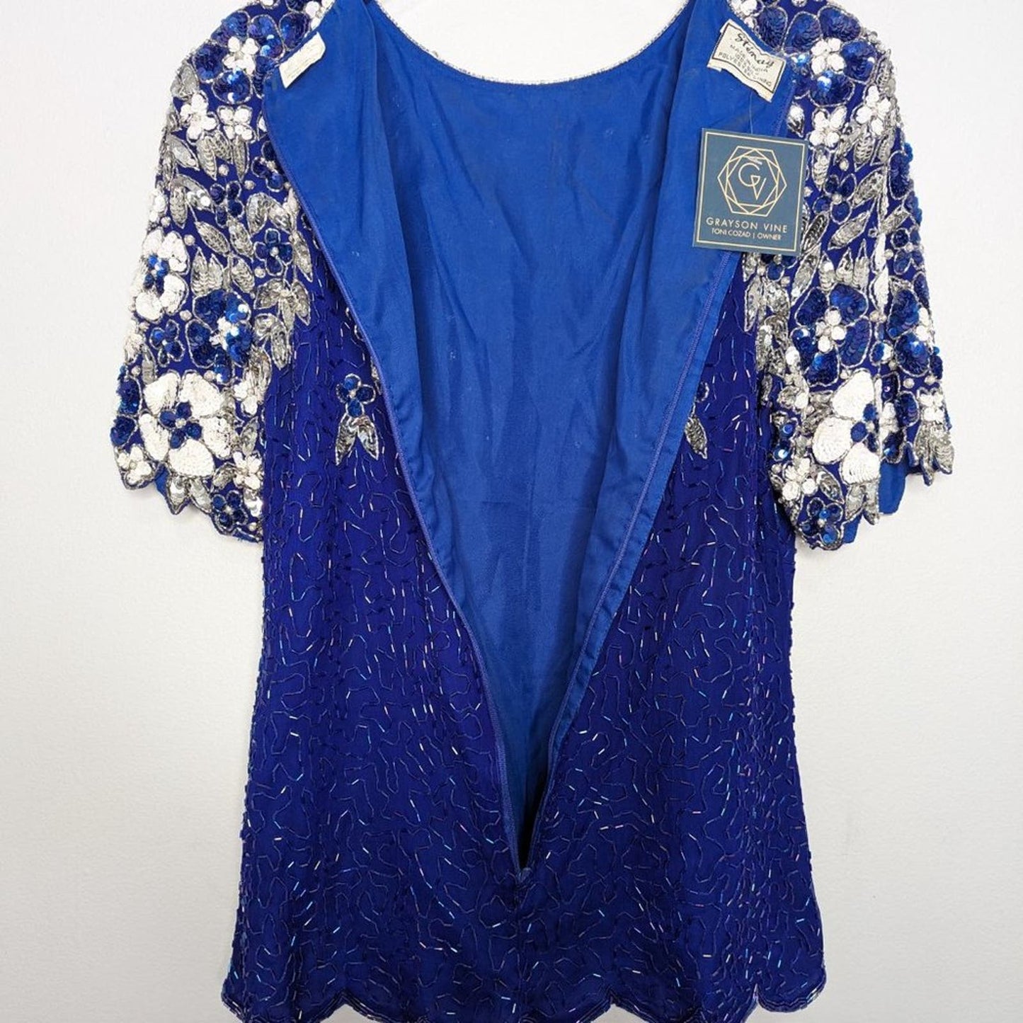 Vintage Stenay Blue Short Sleeve Sequin Beaded Top Floral Silk Back Zip Size 8