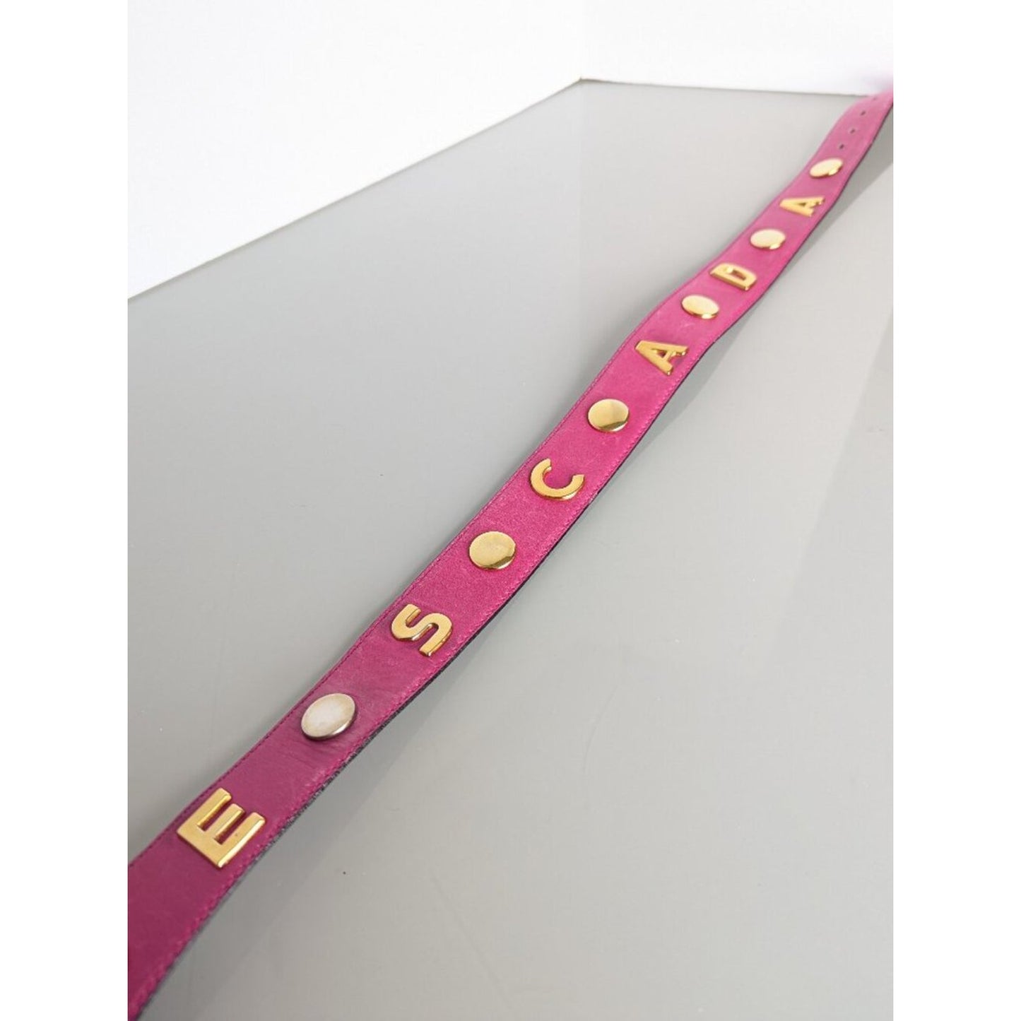 Escada Vintage Hot Pink Leather Belt Gold Tone Studded "Escada" Lettering