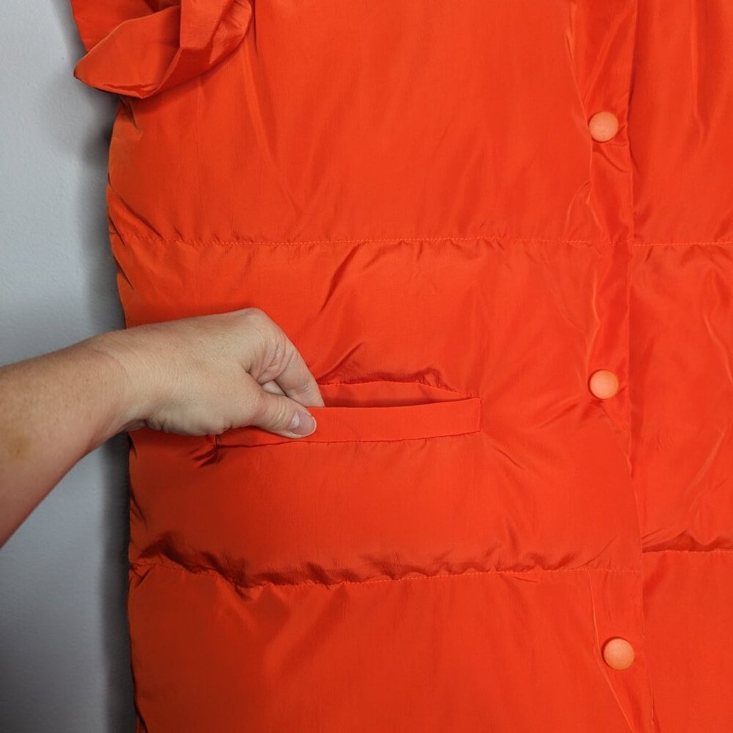 Bucket List Bright Orange Puffer Vest Ruffle Sleeve Pockets Snap Up High Collar