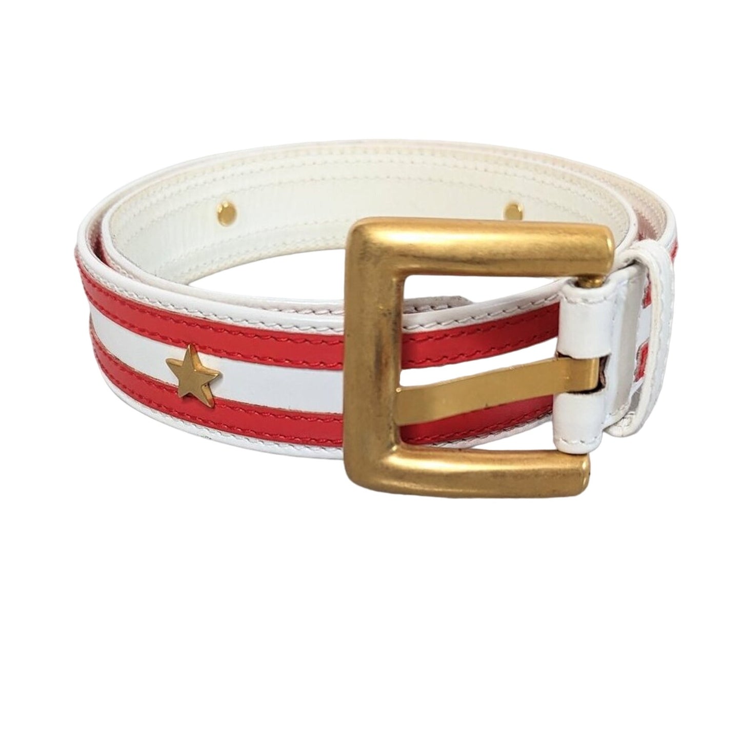 Escada Vintage Red White Striped Leather Belt Gold Star Studs Buckle Adjustable