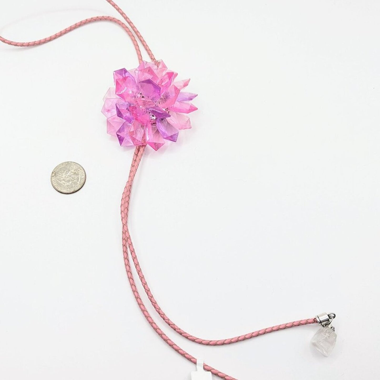 Repurposed Handmade Pink Purple Lucite Star Bolo Neck Tie Quartz Crystal Accent