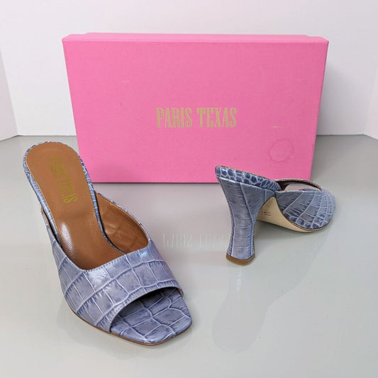 Paris Texas Lavender Moc Croc Square Toe Mule Sandals Open Toe Curved Heel 36