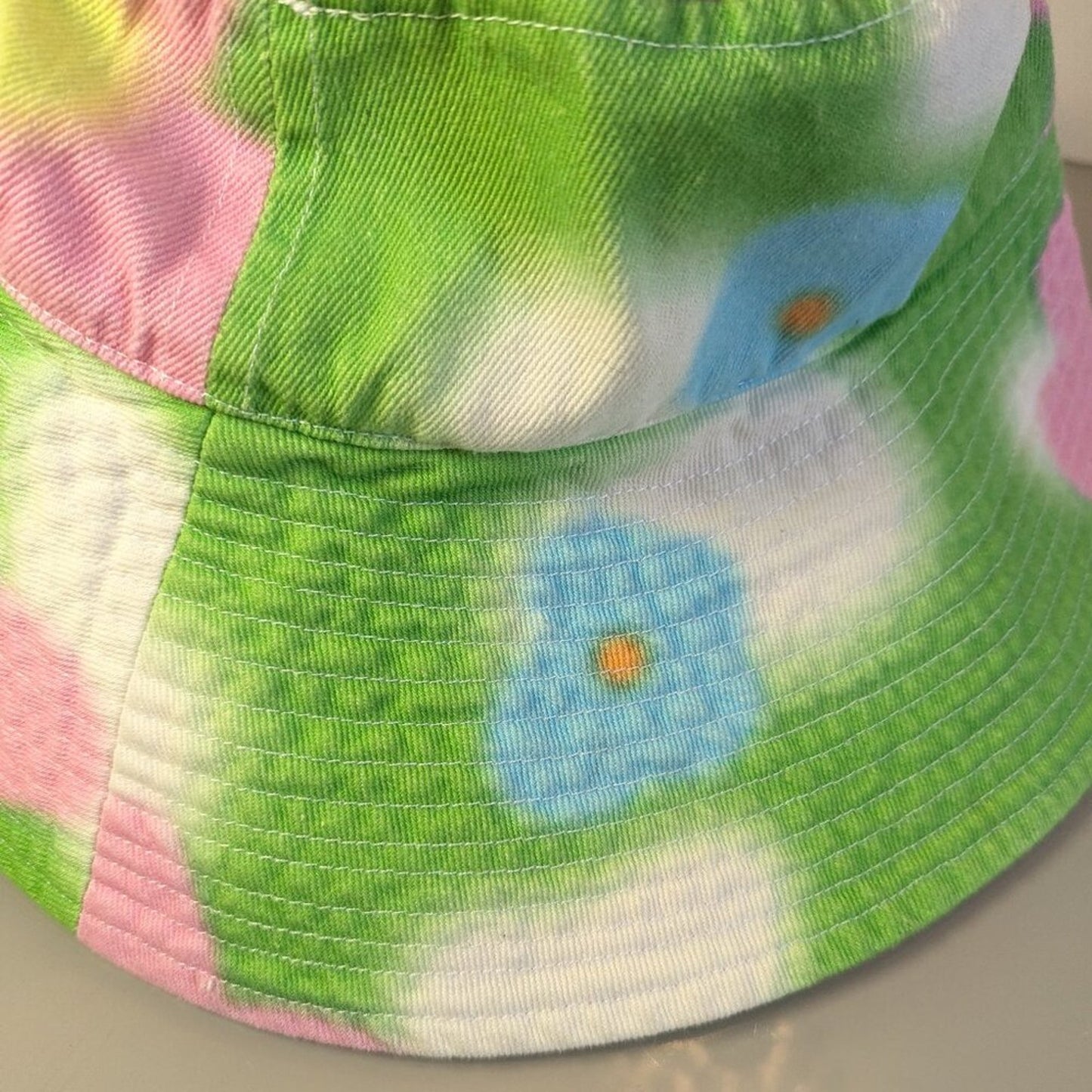 Dolls Kill NGOrder Green Pink Flower Sky Print Denim Fisherman Hat Wide Brim NWT