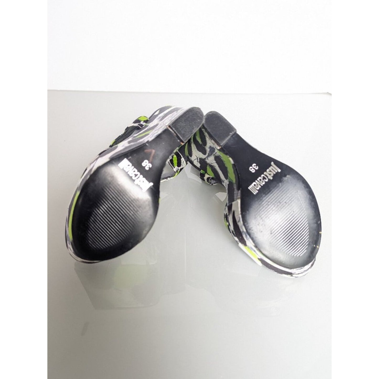 Just Cavalli Y2K Neon Black White Animal Print Open Toe Wedge Heels Size 38