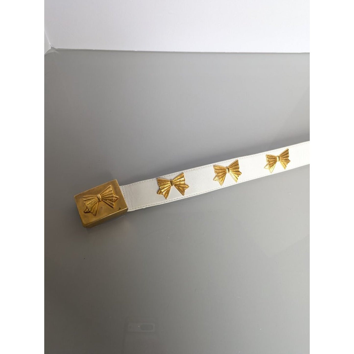 Escada Vintage White Leather Belt Gold Tone Bow Studs Bow Belt Buckle