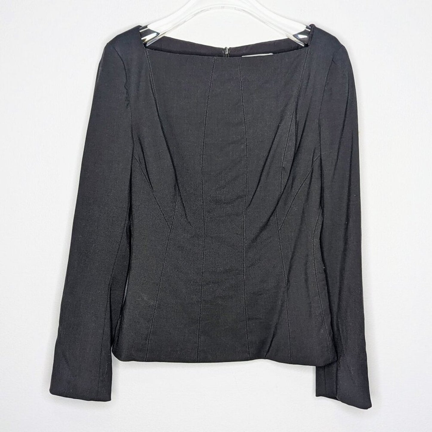 M.M. Lafleur Dark Gray The Rivka Top Washable Wool Twill Long Sleeve Square Neck