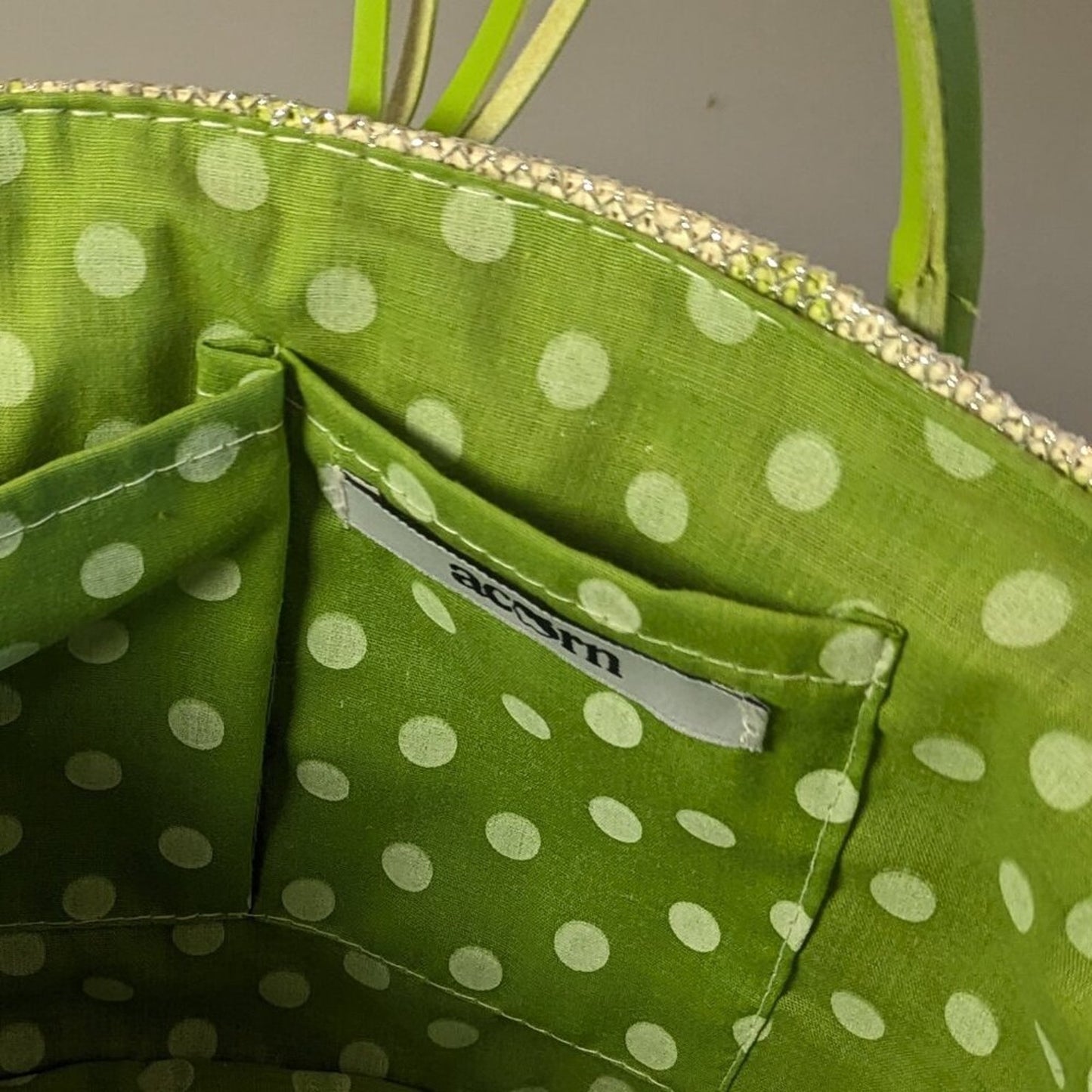 Acorn Green Polka Dot Double Handle Bag Silver Mesh Overlay Button Detail