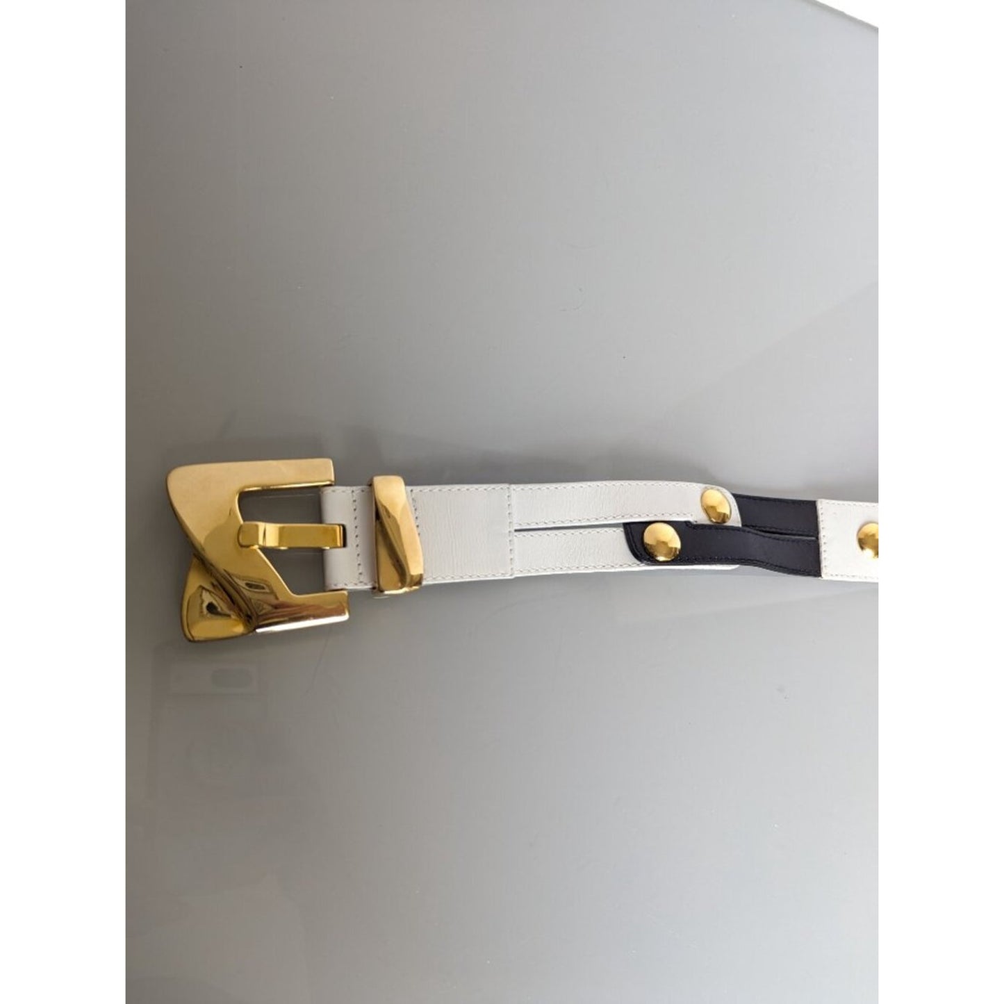 Escada Vintage Black And White Leather Belt Gold Tone Round Studs