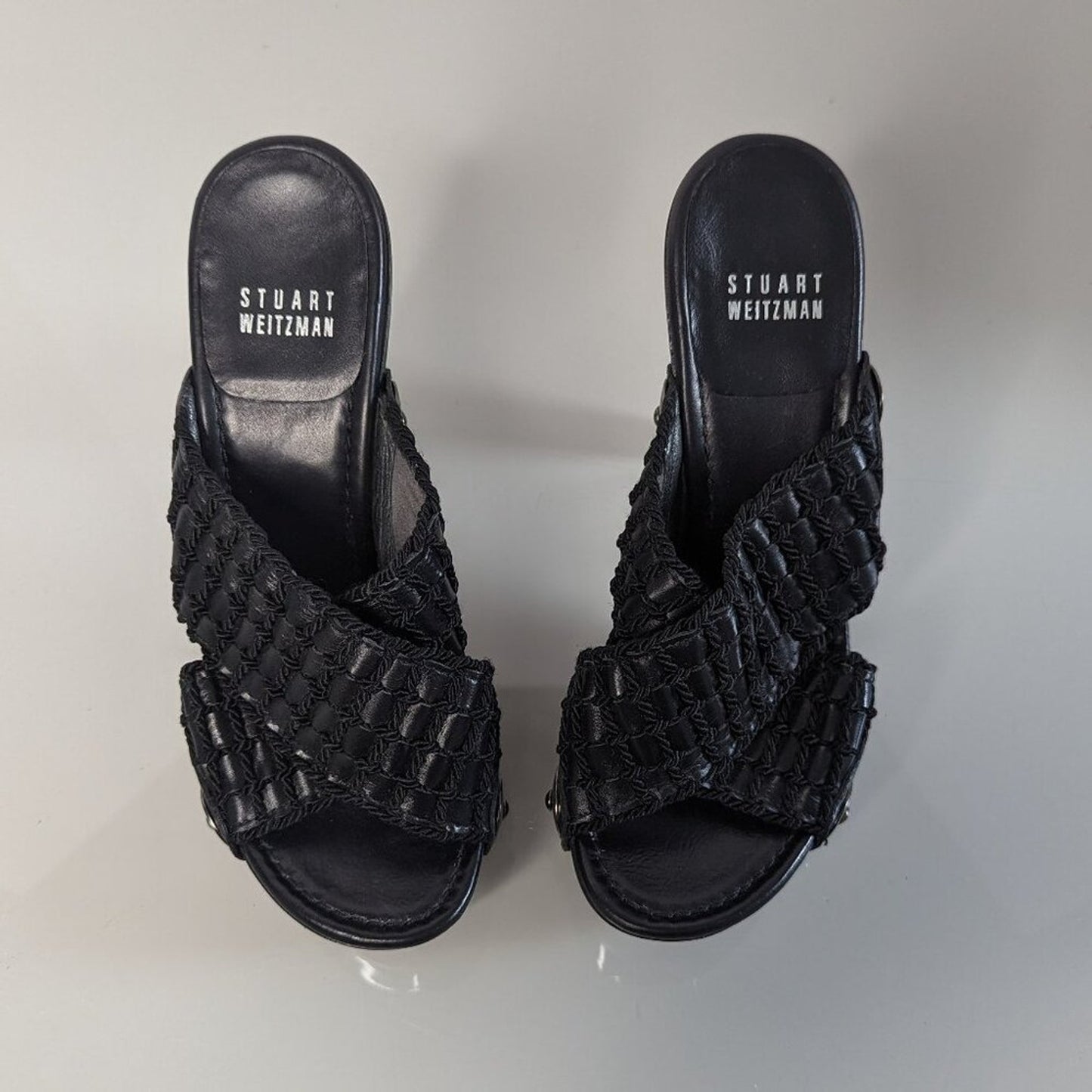 Stuart Weitzman Y2K Black Leather Crochet Block Heeled Sandals Open Toe Studded