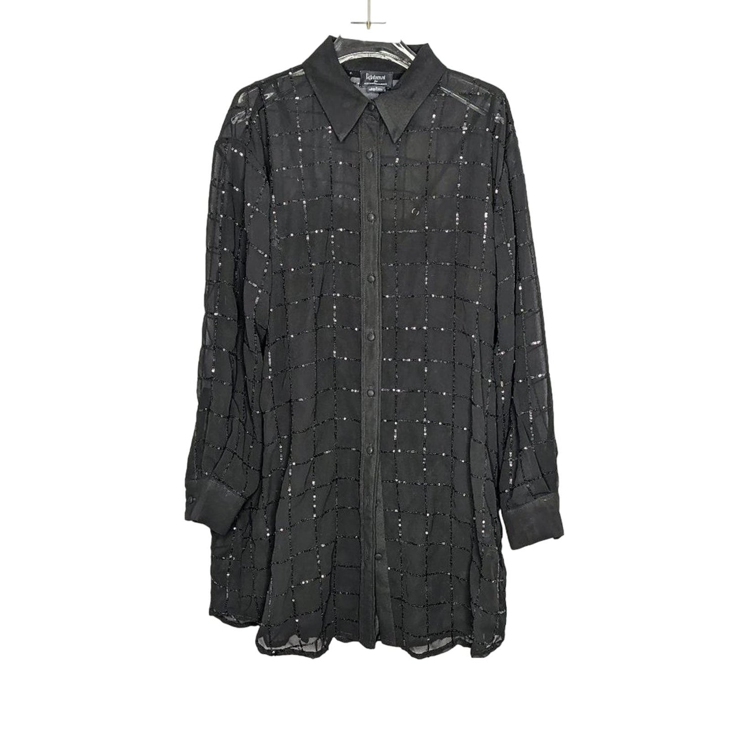 Anthropologie Rinku Dalamal Black Sequin Shirt Dress Long Sleeve Sheer Button Up