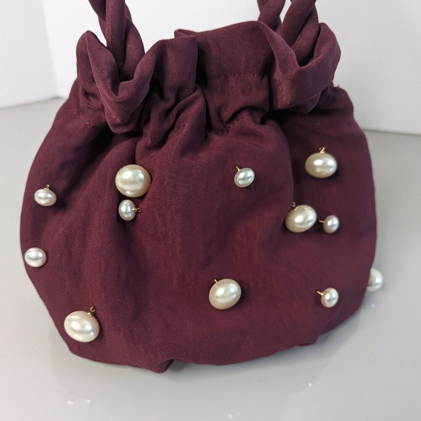 Staud Red Wine Satin Pearl Grace Bag Faux Pearl Bead Accent Top Handle NWT