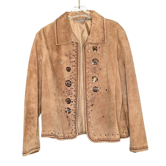 Chico's Vintage Tan Suede Long Sleeve Open Front Jacket Embroidered Sequins