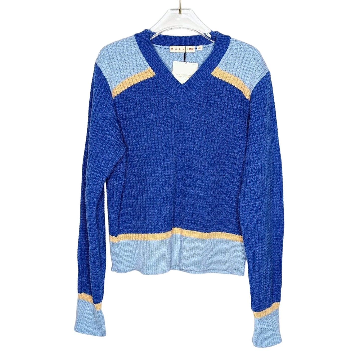 Uniqlo x Marni Blue Knit V-Neck Long Sleeve Sweater Stripe Color Block XL NWT