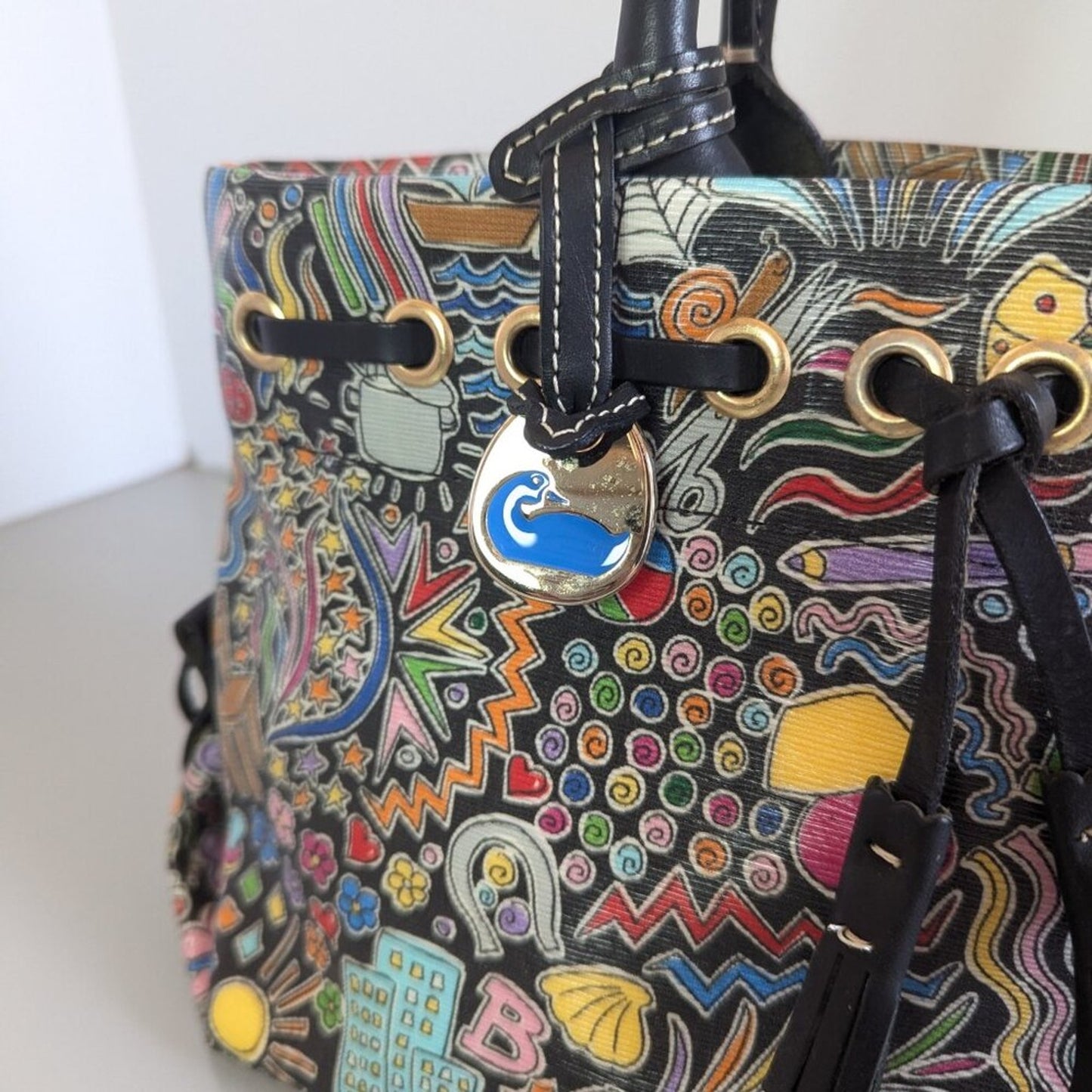 Dooney and Bourke Black I Love Shopping Tassel Tote Bag Whimsy Graphic Colorful