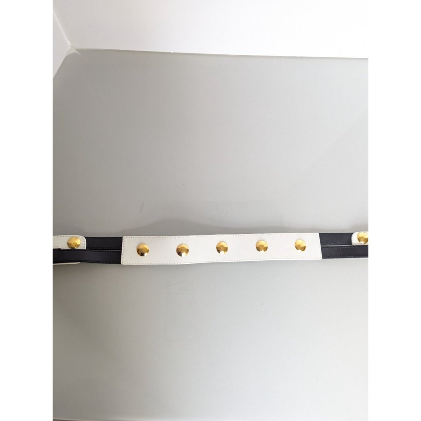 Escada Vintage Black And White Leather Belt Gold Tone Round Studs