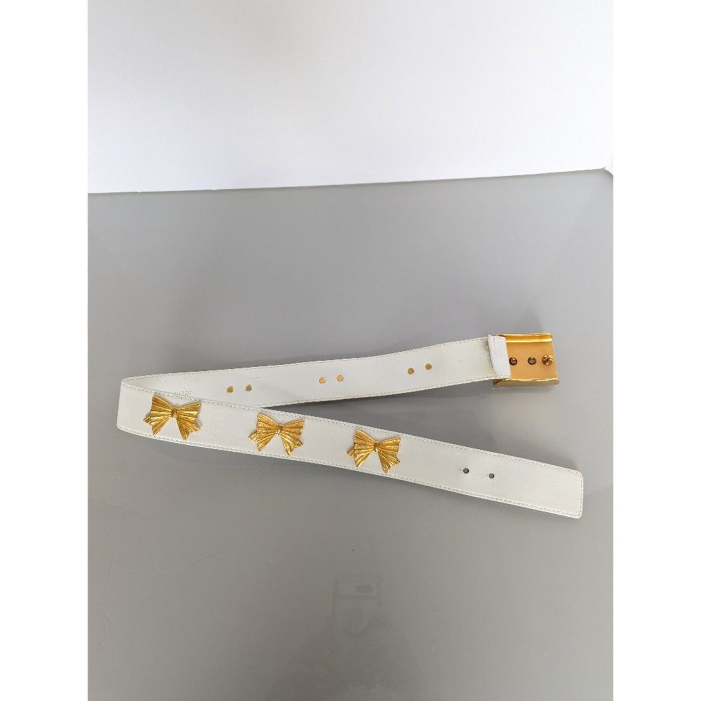 Escada Vintage White Leather Belt Gold Tone Bow Studs Bow Belt Buckle