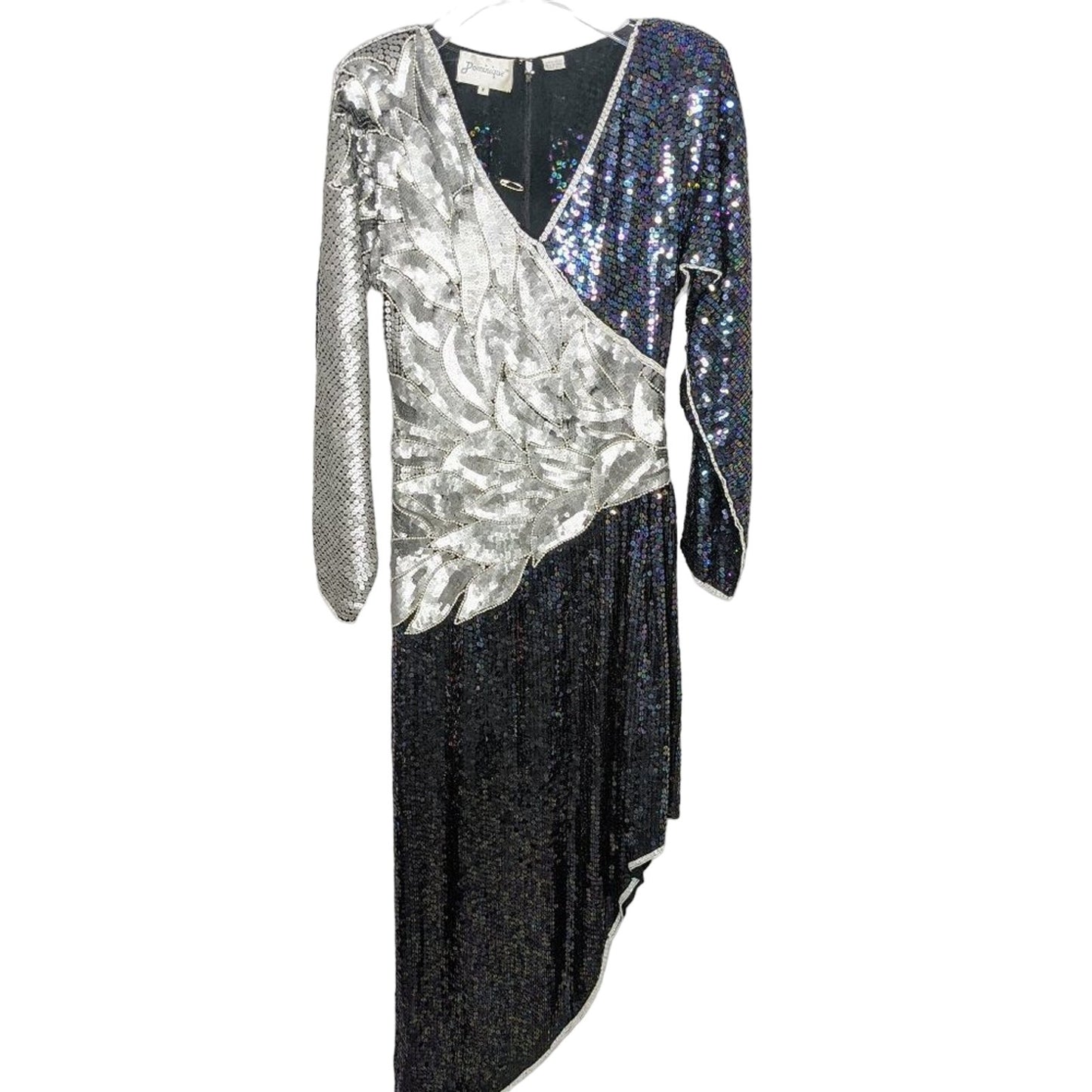 Vintage Dominique Silver Oil Slick Sequin Beaded Long Sleeve Maxi Dress Size S