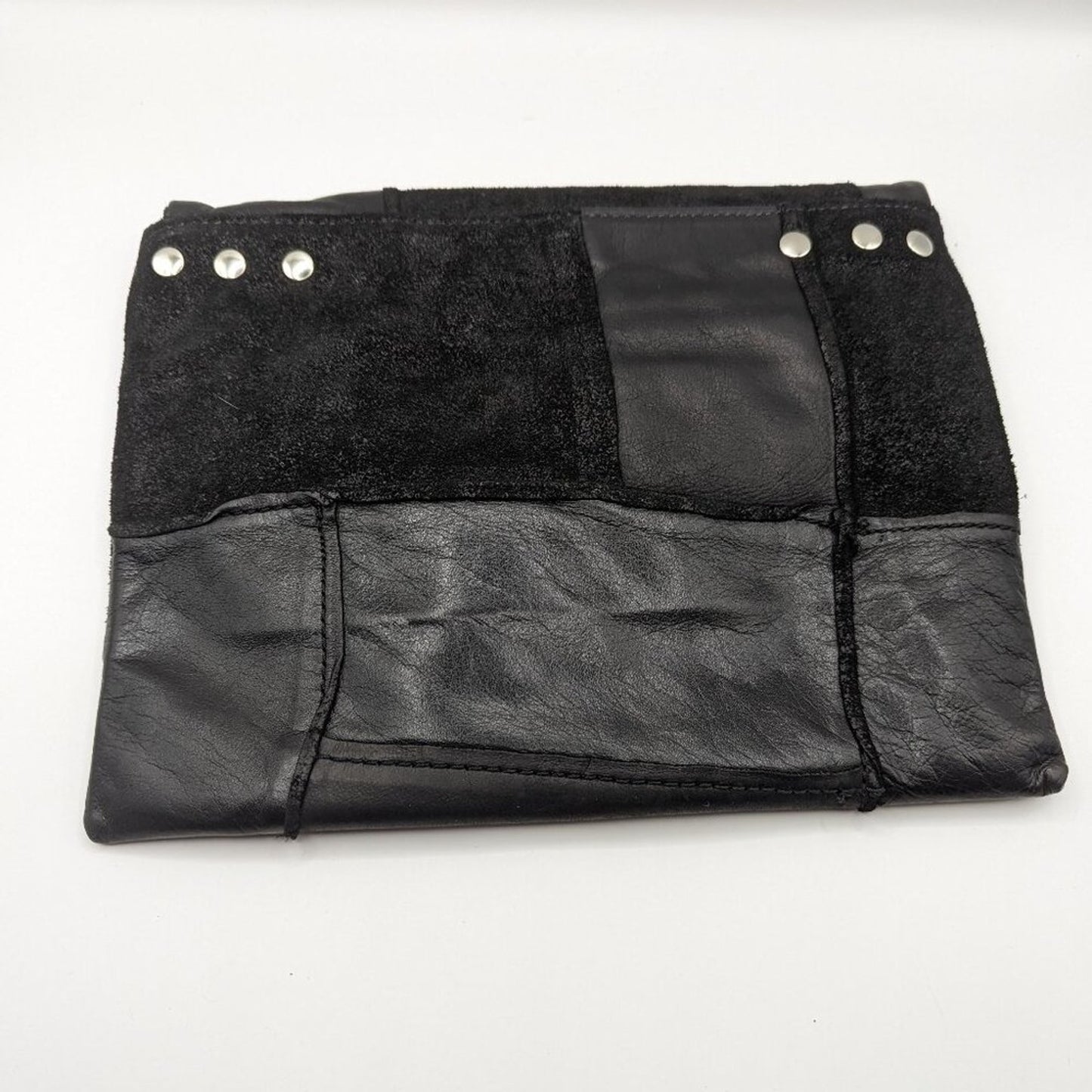 Julie Lindsay Black Leather Suede Patchwork Silver Studded Classic Clutch