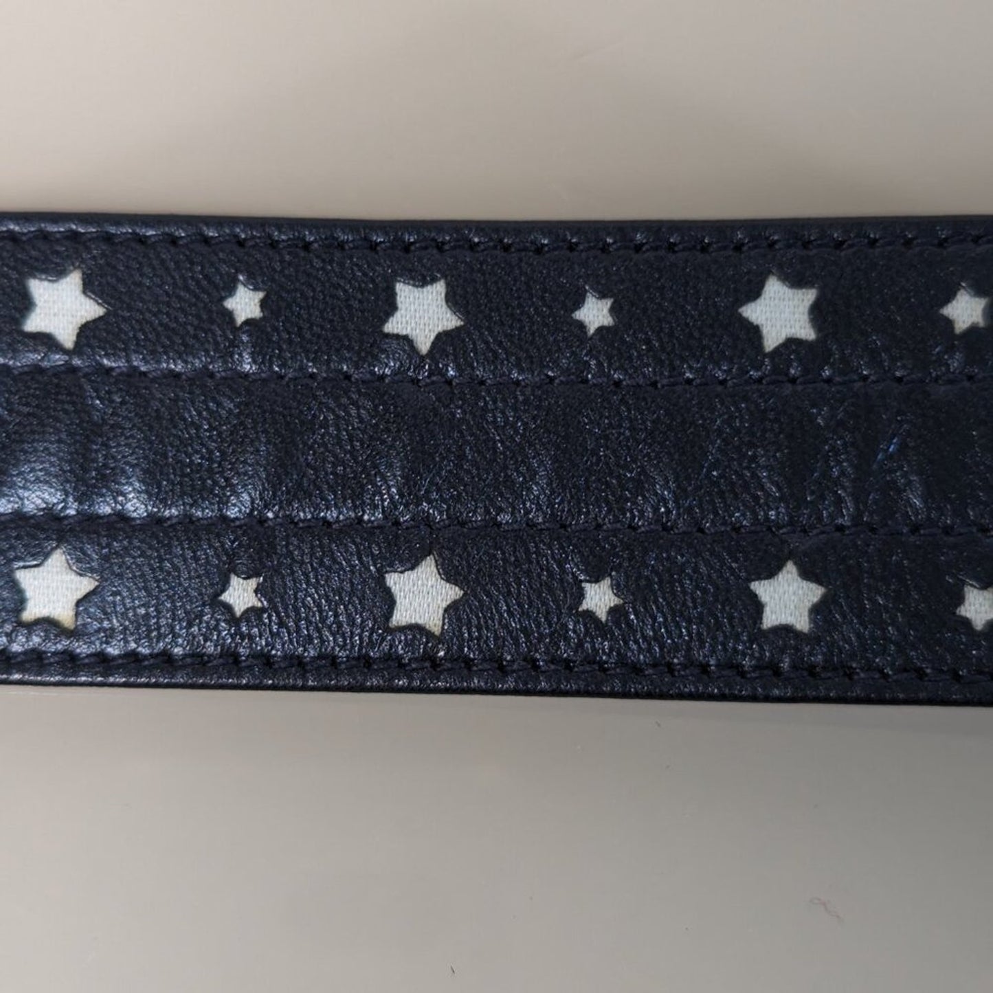 Escada Vintage Navy Blue Leather Belt White Star Pattern Silver Buckle Signed 40