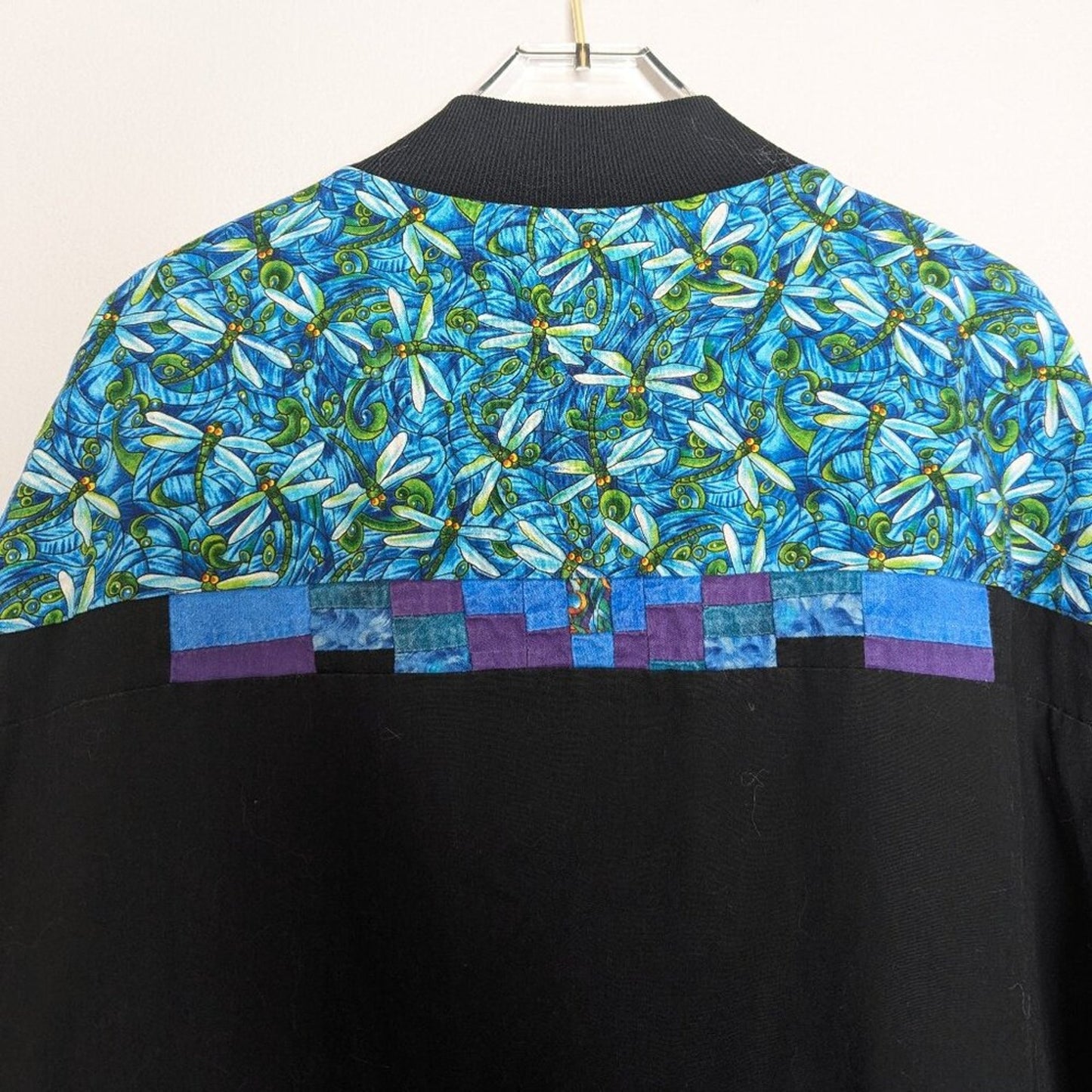 Vintage Black Blue Pixel Style Quilted Long Sleeve Top Dragonfly Abstract Print