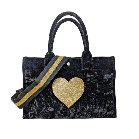 Quilted Koala Black Crushed Velvet Midi East West Bag Gold Glitter Heart Strap