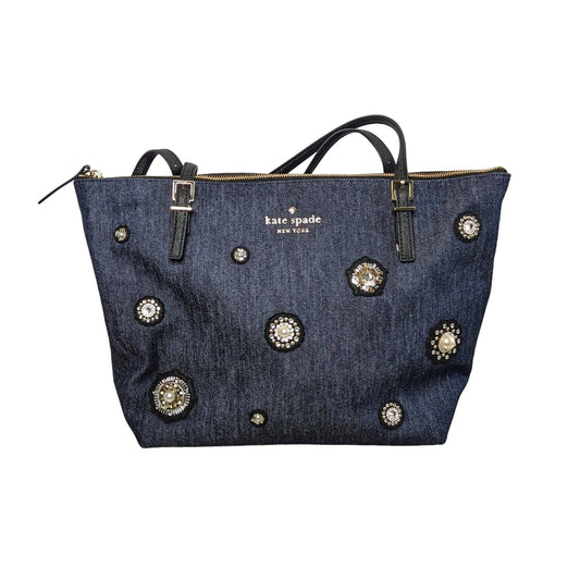 Kate Spade Blue Cameron Street Embellished Denim Maya Tote Pearls Beads Sequins