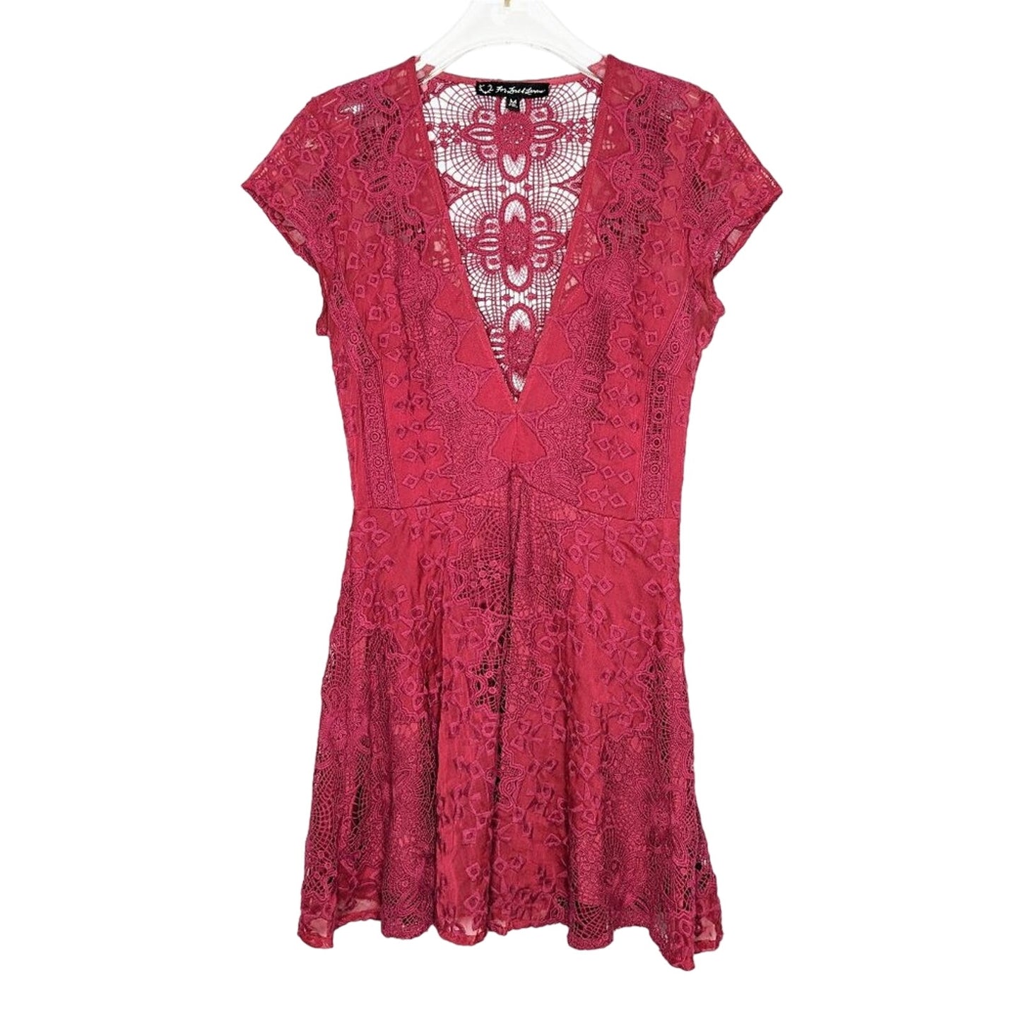 For Love And Lemons Burgundy Sienna Mini Dress Deep V-Neck Short Sleeve Lace M