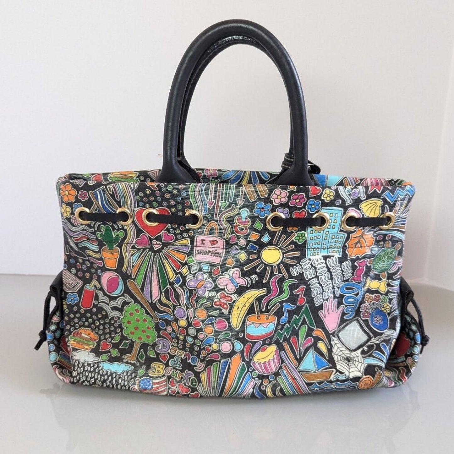 Dooney and Bourke Black I Love Shopping Tassel Tote Bag Whimsy Graphic Colorful