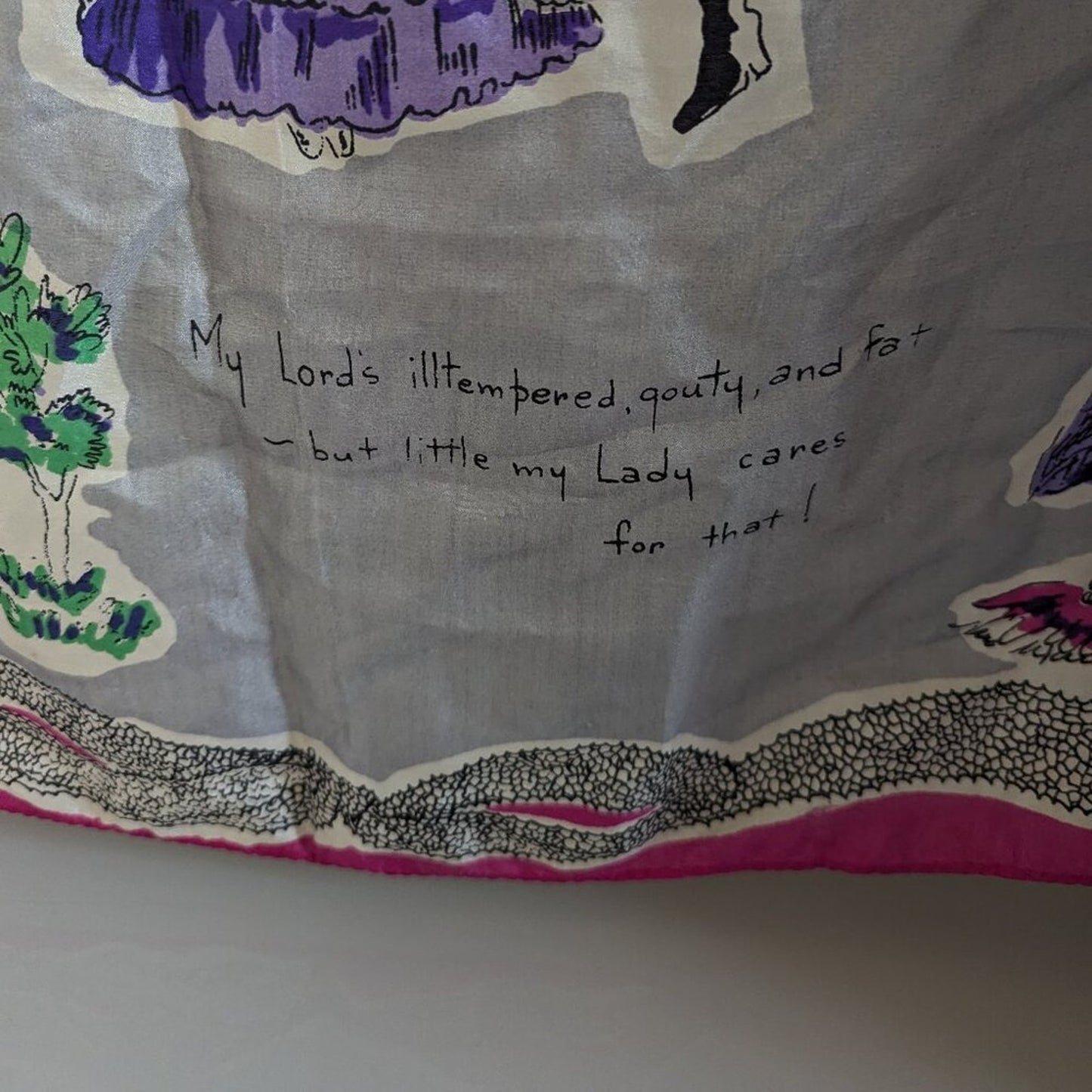 Vintage Gray Purple Silk Large Square Scarf Rococo Romance Imagery Rolled Edge