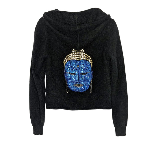 Cake Couture Black Long Sleeve Cashmere Zip Up Buddha Hoodie Rhinestone Studded