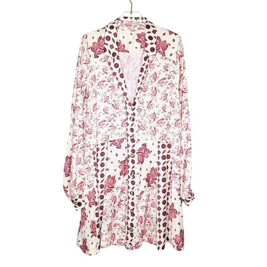 Free People Cream Red Sylvie Mini Dress Long Sleeve Paisley Print Button Up L